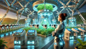 Woman at futuristic high-tech milking farm.