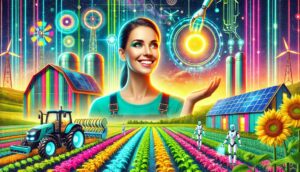 Futuristic farm with happy woman.