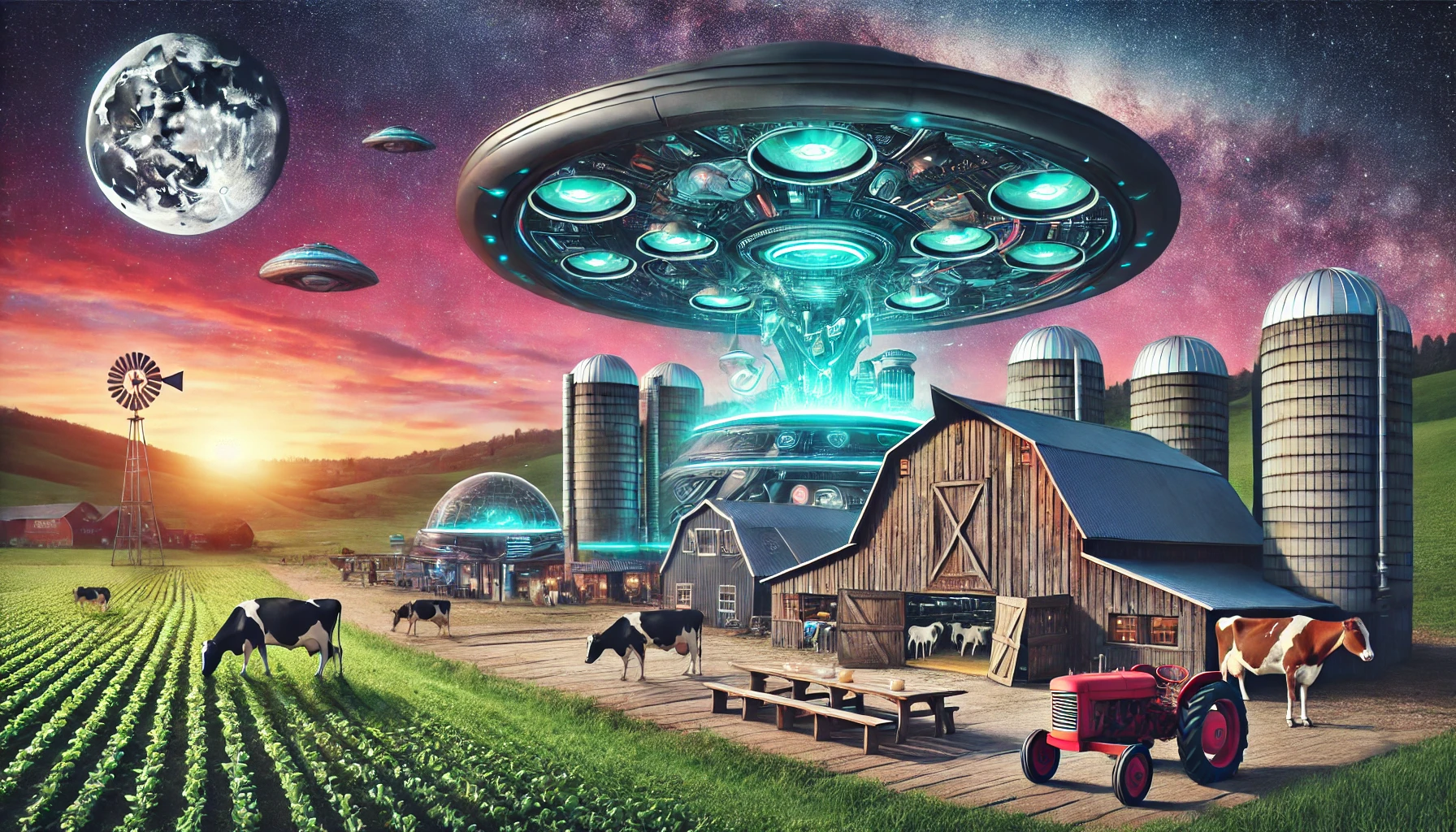 Alien farm with advanced milking machines