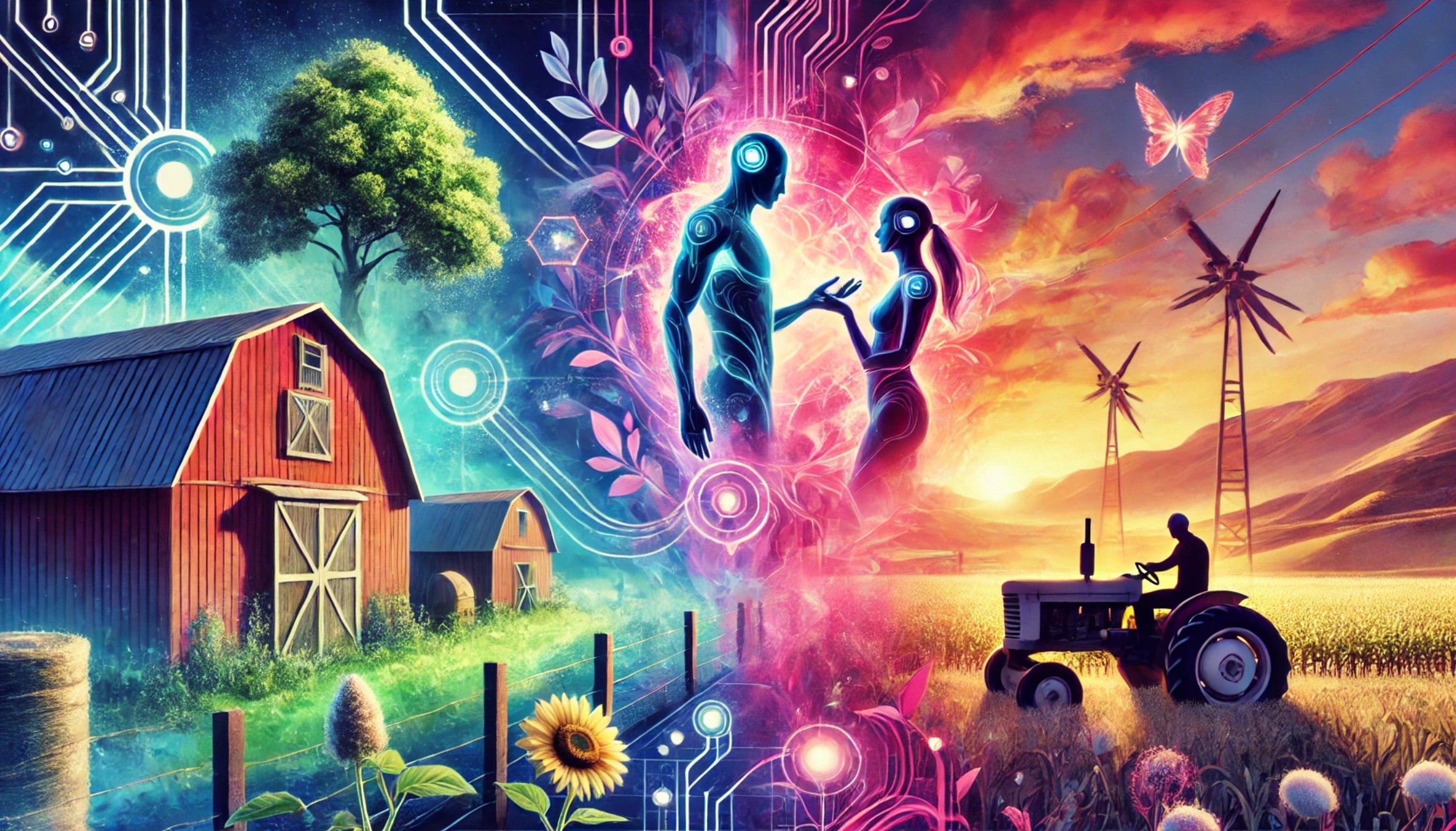 Romantic couple in a futuristic farm setting, glowing elements