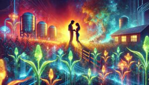 Romantic couple in a futuristic farm setting