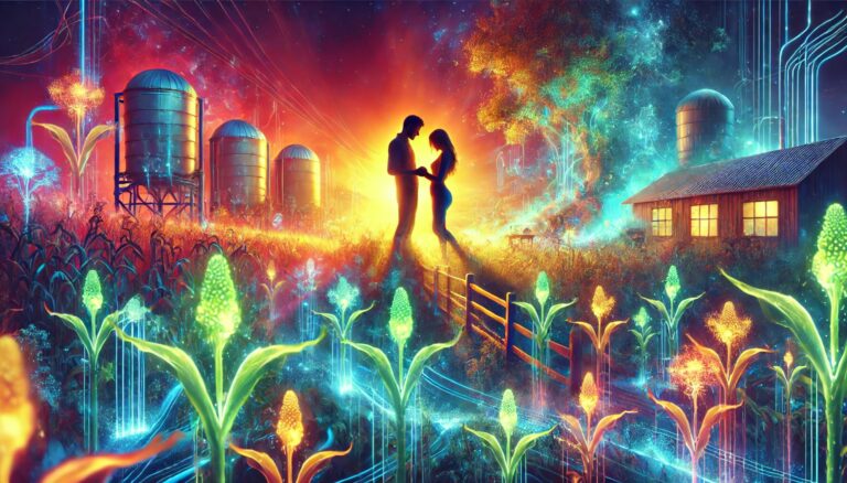 Romantic couple in a futuristic farm setting