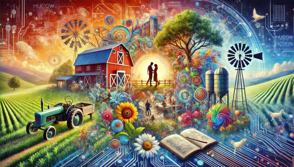 Romantic couple on a futuristic farm